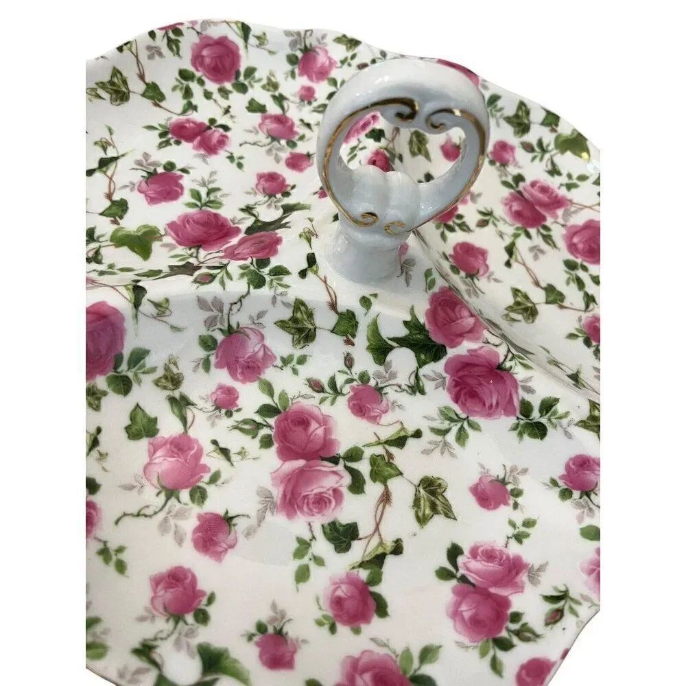 Pink Cabbage Roses Porcelain Serving Tidbit TrayCandy Dish Handl Vg Jay Imports - Picture 2 of 3